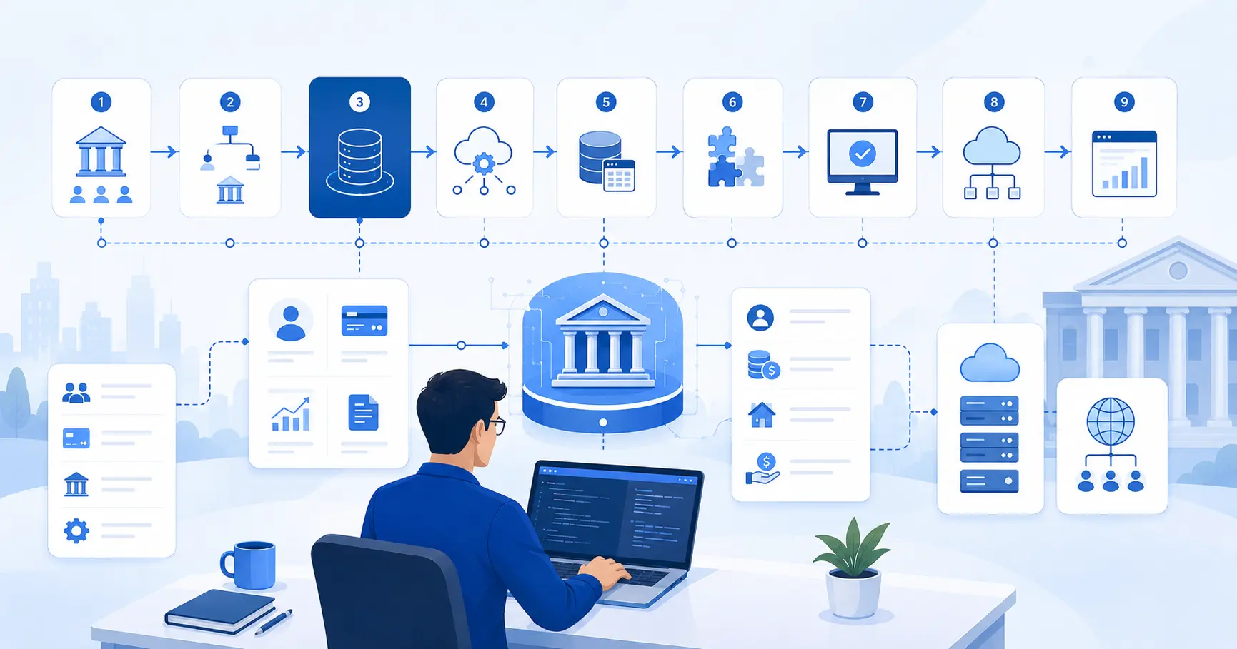 Roadmap showing the learning path from banking fundamentals to becoming a Temenos T24 developer