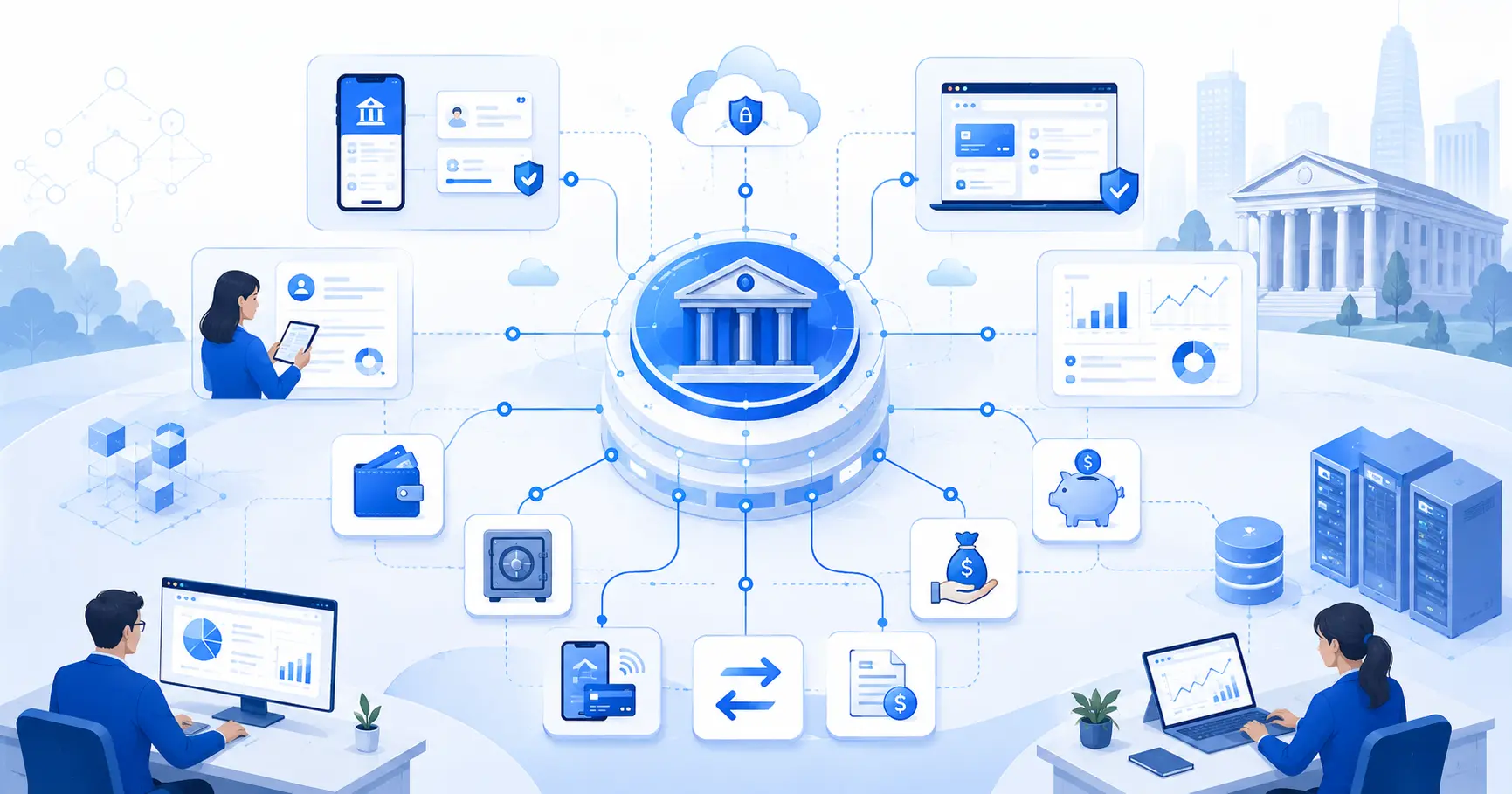 Temenos T24 core banking ecosystem connecting accounts, loans, payments, APIs and digital banking